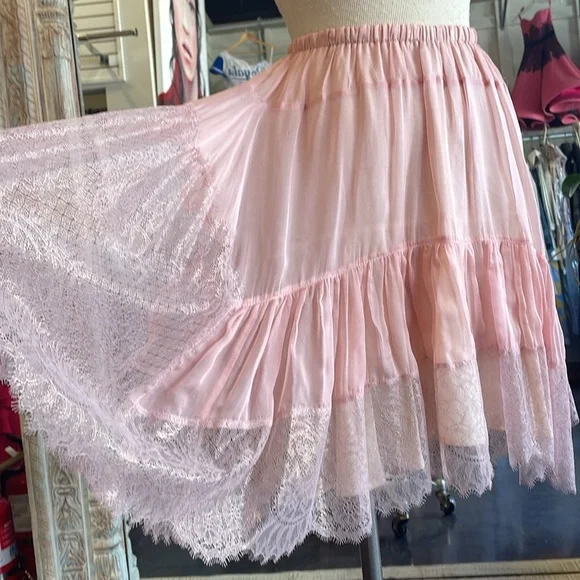 Blush pink silk metallic rose gold lace skirt high waisted skort shorts low back